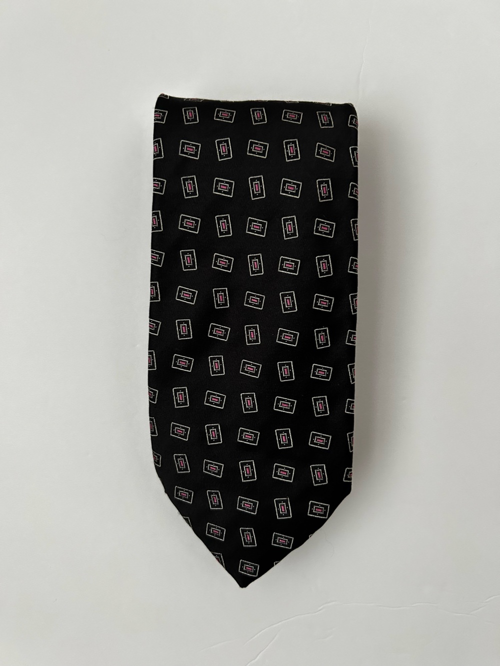 Vintage Brioni 100% Silk Necktie Tie Geometric Square-in-Square Black Pink